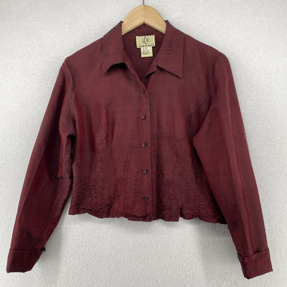 ICE Top Womens M Silk Dupioni Embroidered Cropped Shirt Button Sleeve Maroon